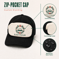 Casquette de sport unisexe personnalisée à 6 panneaux en nylon imperméable avec fermeture éclair réglable et poche avant zippée, style color block