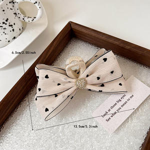 Horquilla vintage de gasa con lunares y lazo para mujer, accesorios para el pelo, clip de agarre grande con perla y diamantes de imitación, venta al por mayor - Product Image 2