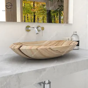 Contemporary Design Bathroom Hand Washing Sink Vessel Landscape Sandstone Top Mounted Bathroom Oval Shape Washbasin