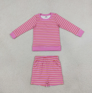 Conjunto a juego de camiseta de manga larga suave y pantalones cortos con cintura elástica para niñas, con bloques de color y rayas, a la moda. - Product Image 4