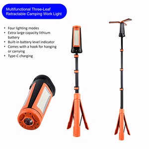 Lampada da Campeggio Ricaricabile con Supporto Telescopico, Base Magnetica, 3 Teste LED Pieghevoli, Ricarica Type-C, Lampada da Lavoro Portatile per Emergenze - Product Image 1