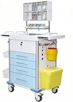 Hospital Emergency Cart with Drawers, Sharps Box, Trash Can, and Medicine Storage Box.