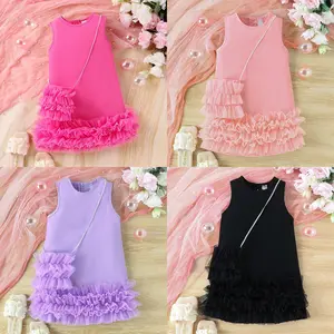 New Fashion Girls Summer Ruffled Sleeveless Solid Princess Dress Girls Casual Tulle Patchwork Dress With Purse