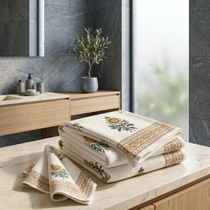 MALONI CREATIONS Juego de Toallas de Algodón Waffle para Adultos, 1 Toalla de Baño y 2 Toallas de Mano, Impresas a Mano, de Secado Rápido, Suaves y Ecológicas, Exportación India al por Mayor - Product Image 3