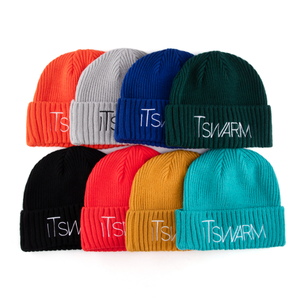 <strong>Custom</strong> Embroidered Logo Acrylic Warm Autumn Winter Hat Streetwear Solid Color <strong>Plain</strong> Knitted Cuffed <strong>Beanie</strong> for Women Men - Product Image 2