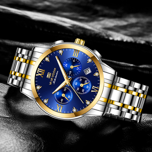 Montre de luxe pour homme avec accent doré, cadran bleu, bracelet en acier inoxydable, montre-bracelet pour messieurs - Product Image 5