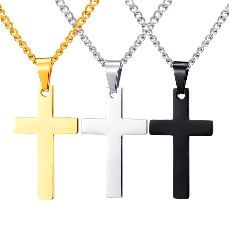 Collier avec croix religieuse en acier inoxydable, pour homme, haut poli, classique, chrétien