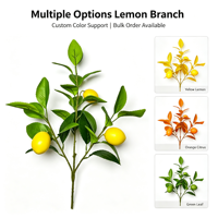 Élégante branche de citron jaune avec 3 fruits et feuilles vertes, plantes artificielles style ferme pour la décoration de la maison, de la cuisine, des mariages et des tables.