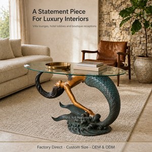 Mesa de Centro de Bronce con Escultura de <span class=keywords><strong>Sirena</strong></span>, Mesa Auxiliar Ovalada de Vidrio, Muebles de Arte para Vestíbulo de Villas y Resorts de Lujo, Fabricante OEM al por Mayor - Product Image 1