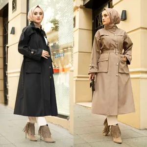 Lange Manchetknoop Winter Seizoensgebonden Regenjas Kalkoen Dubai Islamitische Vrouwen Moslim Mode Kleding Pet Zak Gedetailleerde Trenchcoat