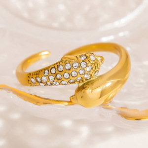 Dolphin Shape Adjustable Gold Tone Ring With Diamond Accents For Women Everyday Wear - Product Image 2