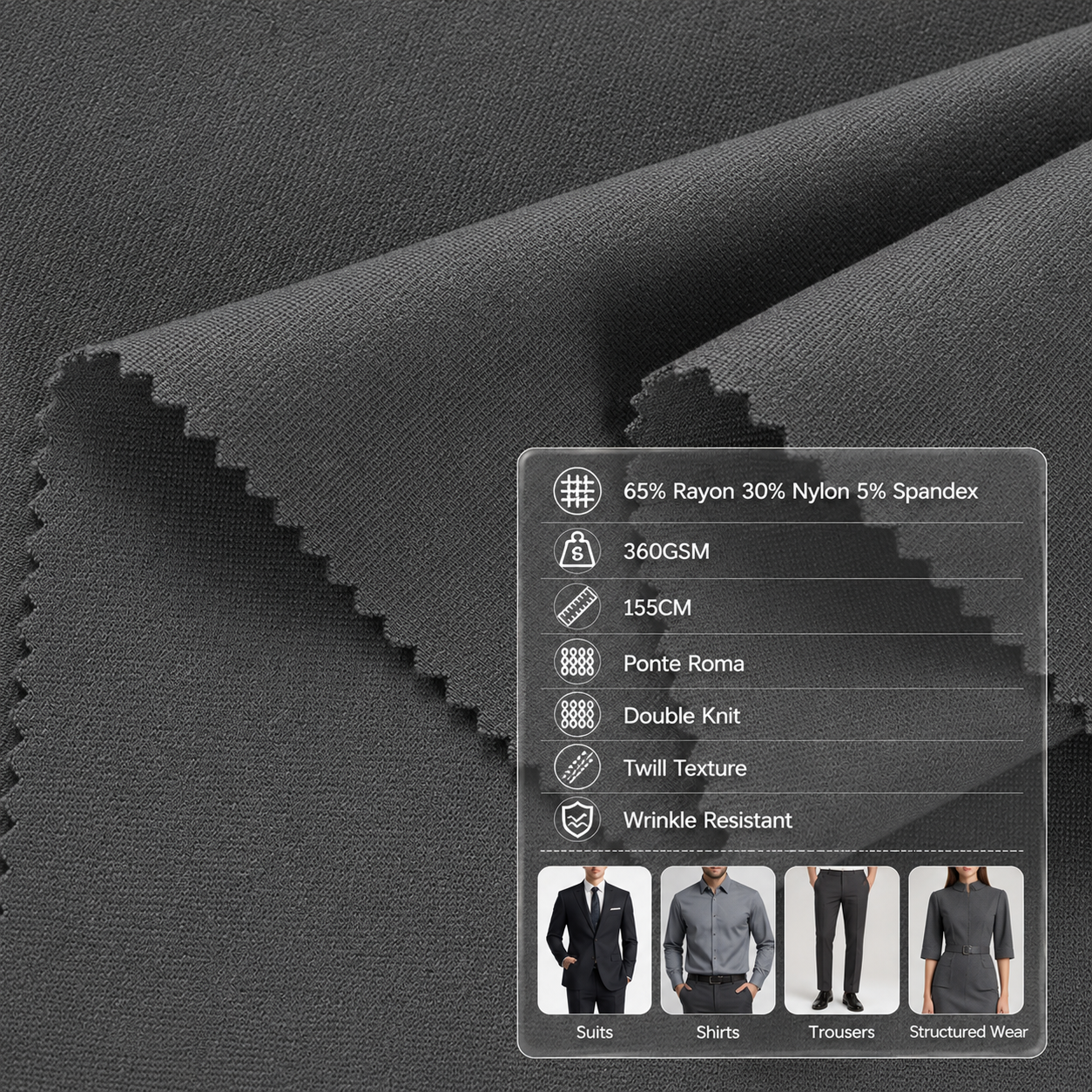 360GSM Rayon Nylon Spandex Ponte Roma Double Knit Fabric Twill Texture Eco-Friendly Wrinkle Resistant Suits Shirts Dresses