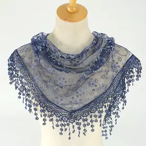 Lady Triangle Voile Wrap Elegant <span class=keywords><strong>Hollow</strong></span> Tassel Lace Floral Scarf Wrap Lightweight Tassel Shawl Dress Cape Shoulder - Product Image 1