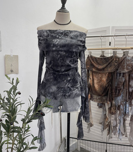 Women's Off-Shoulder Ribbon-<b>Tie</b> <b>Tie</b>-Dye Print Mesh Blouse With Pleated Long-Sleeve T-Shirt Shirt Fashion - Product Image 2