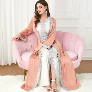 Orta doğu lüks nakış uzun Maxi elbise arap açık Abayas Kimono Robe bayanlar müslüman 2 parça Abaya Dubai