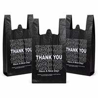 Sacs de courses noirs en PEHD recyclables et imperméables, style T-shirt avec poignée gilet, impression « Merci » et « Bonne journée », pour magasins de détail