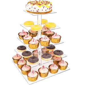 5-Tier כיכר אקריליק Cupcake מחזיק תצוגת עם LED אור מחרוזת קינוח מאפה Cupcake Tier Stand לחתונה יום הולדת המפלגה