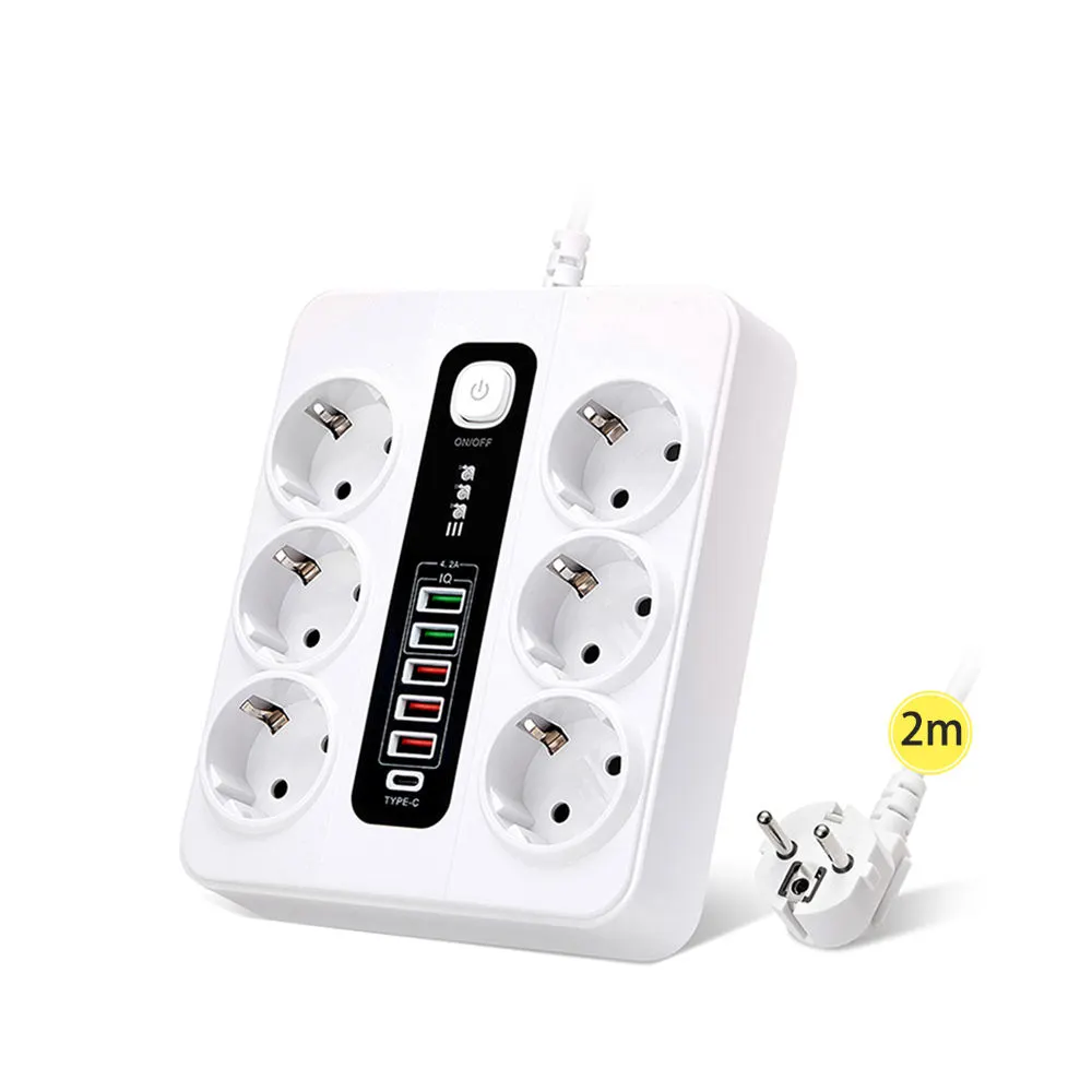 Eonline 3000W điện dải multipriser 5USB Type-C EU 6ac cửa hàng 2m cáp mở rộng ổ cắm sạc cho nhà văn phòng