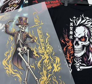 Estampado de Esqueleto Bailarín de Halloween Personalizado, Tipografía en Plastisol con Lámina Dorada, Tacto Suave para Transferencia Térmica, Listo para Planchar en Prendas de Moda Urbana - Product Image 1