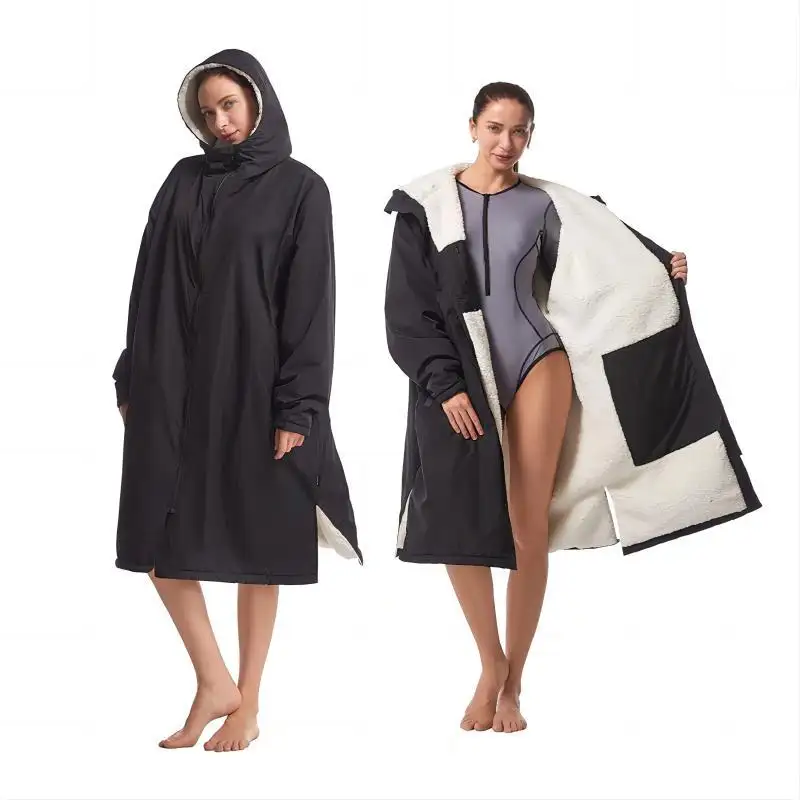 Waterproof Windproof Swim Parka Surf Poncho Thicken Sherpa Fleece Lining Dry Changing Robe With Hood