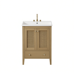 Mueble de Baño con Lavabo de Cerámica de 24 Pulgadas, Estructura Sólida, Gabinete de Ratán con Dos Puertas y Cajón, Acabado Natural, de Pie - Product Image 1