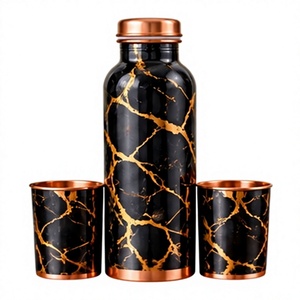 Juego de Botellas de Agua de Cobre de Lujo con 2 Tazas, Diseño de Mármol Negro y Dorado, Termo Portátil de Viaje - Product Image 1