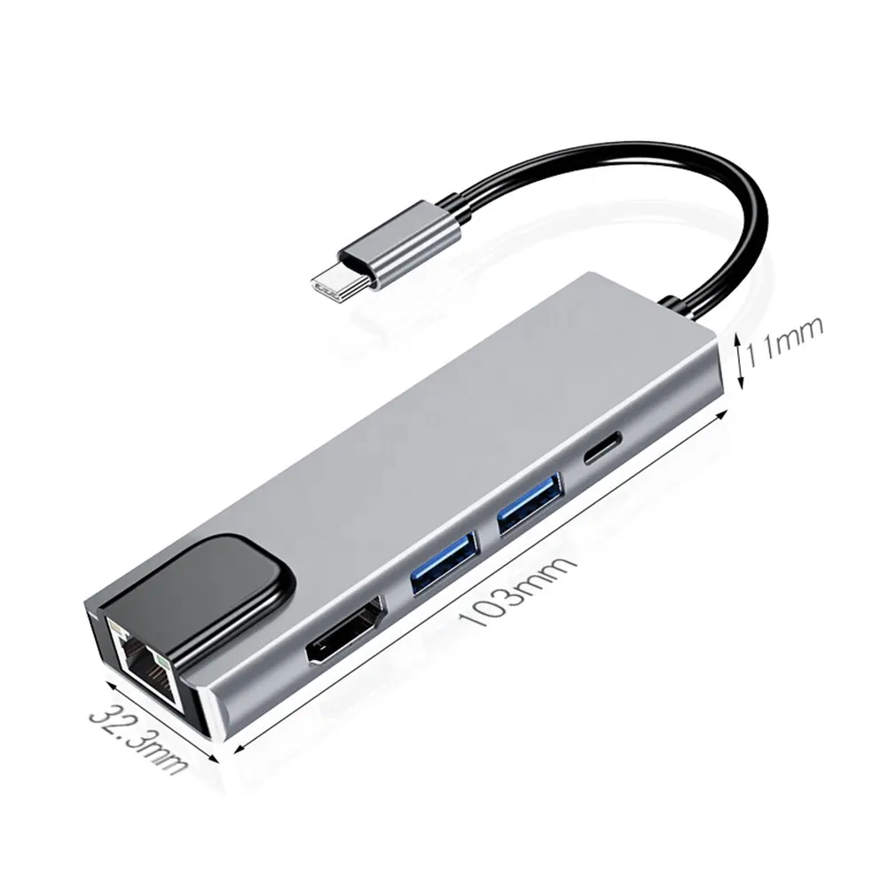 Doonjiey 5 in 1 5 Port Hub USB C to RJ45 1000M Gigabit Ethernet Charging to 2 USB 3.0 PD Converter Adapter 5 IN 1 USB hub