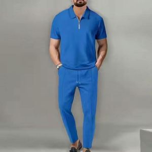 I-0497 Wholesale Eco-Friendly <b>Knitted</b> Street Wear Men's Formal Two-Piece Summer <b>Set</b> Solid Color Collar Short-Sleeved Turtleneck - Product Image 6