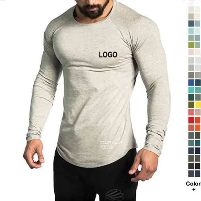 Custom OEM ODM Logo Printed Blank Plain Sports Muscle Slim Fit Plus Size Long Sleeve Men Gym Tank Top Fitness Men's T-Shirts