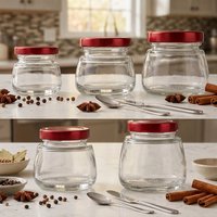 Pot de conservation rond transparent de petite taille pour aliments, poudings et desserts de la marque Radiant, avec bouchon à vis et bouteilles en verre sérigraphiées