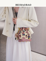Sac seau MXM mignon et simple, style urbain, avec fermeture à bande, en toile, motif ours de dessin animé, polyvalent, à porter à l'épaule ou en bandoulière, petite taille pour femme