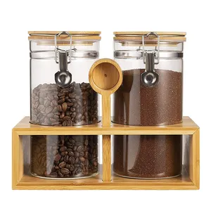 Contenitori per chicchi di caffè in vetro all'ingrosso della fabbrica del campione gratuito con Set di Kit di Organizer per chicchi di caffè con ripiano in legno di bambù