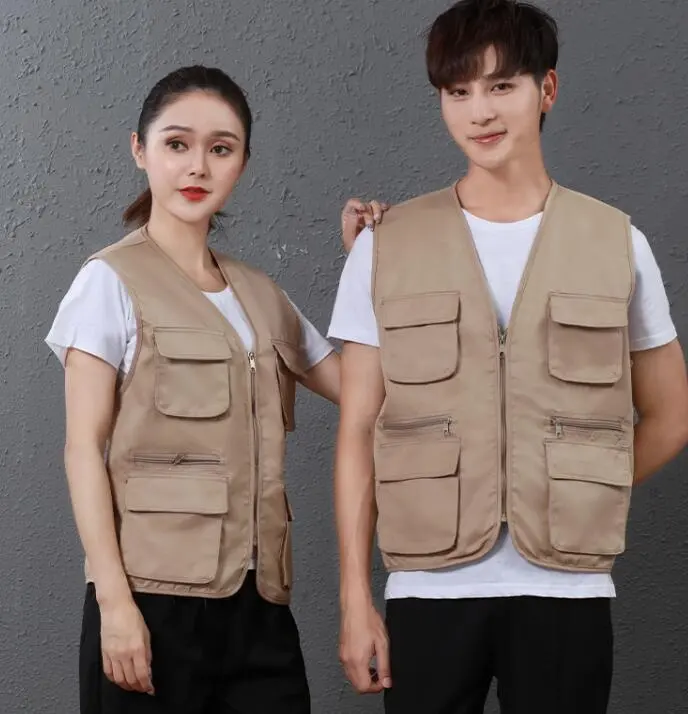 Hot Popular Fast Shipping Khaki multi pocket mens journalist vest Manufacturer China supermarket jackets