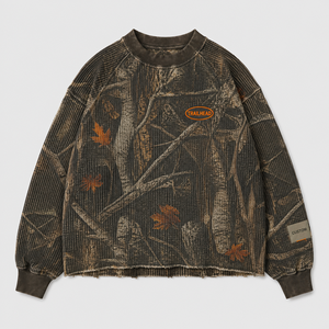 Forest Camo <b>T</b>-<b>shirt</b> Waffle Knit Raglan <b>Long</b> Sleeve Heavy Cotton Boxy Fit Tee Graphic Print Vintage Streetwear Custom <b>Men</b> <b>T</b> <b>Shirt</b> - Product Image 1