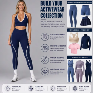 Conjunto de yoga acanalado sin costuras para mujer: Top corto halter y <span class=keywords><strong>leggings</strong></span> fruncidos con efecto push-up, traje de entrenamiento de 2 piezas con ribetes en contraste, ropa de gimnasio. - Product Image 2