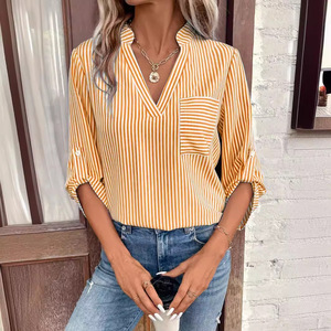 Camicia a maniche lunghe Casual Casual camicetta a maniche lunghe con scollo a V a strisce verticali da donna - Product Image 3