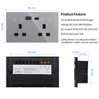 Enchufe de Pared Inteligente Touchmi Wifi Tuya, Estándar del Reino Unido, 146*86, 13A, con Puerto USB A+C de Carga Rápida de 20W, Enchufe Inteligente Zigbee para el Reino Unido