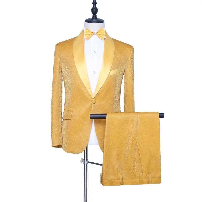 Trajes y esmoquin de terciopelo dorado de lujo personalizados para hombre, traje de graduación con lentejuelas, vestidos de boda de fiesta para hombre