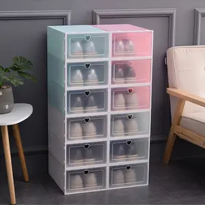 Kotak penyimpanan sepatu Flip bening dapat dilipat, kotak penyimpanan sepatu plastik dapat ditumpuk untuk kamar tidur