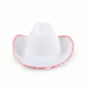 Sombrero de Vaquero Blanco con Lentejuelas Rosas en Forma de Estrella, Correa Ajustable para el Cuello, Accesorio de Disfraz Unisex para Fiestas Temáticas - Product Image 6