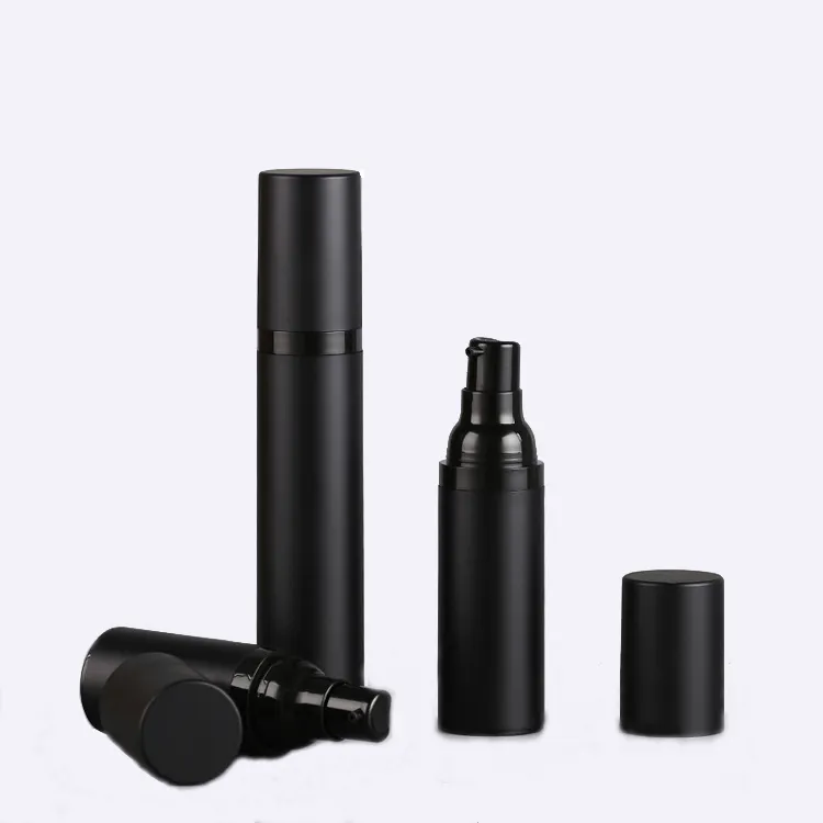 Goods in stock 15ml 30ml 50ml cosmetic lotion matte black 15g 30g 50g packaging cream bottle black airless pump bottle