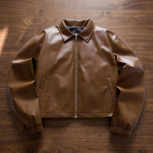 Men's Brown Leather Bomber <b>Jacket</b> Turn-Down Collar Zipper Closure <b>Casual</b> Autumn Wear Regular Fit Solid Color Front Logo - Product Image 1