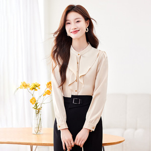 White Ruffled Blouse Women Chiffon Long Sleeve Solid Color Work Shirt Professional Office Wear Spring Autumn Style - Product Image 2