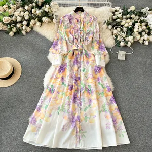 LE1900 2024 Nouvelle série florale Sweet Ruffled Design Print Belted Long Dress French Holiday Style Elegant Office Party Maxi Dress