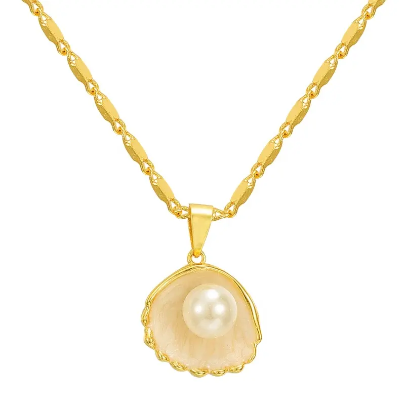 Bijoux d'été de plage hawaïenne imperméables en acier inoxydable série océan collier en or 18 carats collier de perles de coquillage de conque