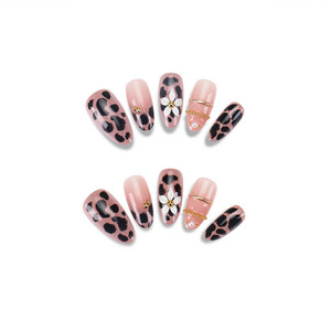Uñas postizas de color sólido con degradado, lámina dorada, estampado de leopardo y perlas, puntas de uñas postizas para manicura DIY de moda, venta al por mayor. - Product Image 4