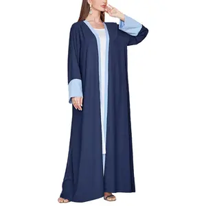 2024 नवीनतम इस्लामिक कपड़े रंग-अवरुद्ध आस्तीन लिनन कार्डिगन ओपन अबाया महिला मुस्लिम पोशाक ईद रमजान संग्रह