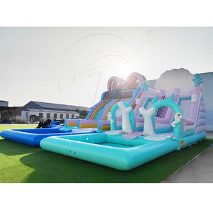 <span class=keywords><strong>Toboggan</strong></span> aquatique gonflable géant personnalisé en PVC, thème cygne, rose, avec piscine pour cour - Product Image 3