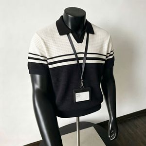 Men's Striped Color Block Knit Polo <strong>Shirt</strong> Short Sleeve V-Neck Breathable Pointelle Casual Summer Top - Product Image 6