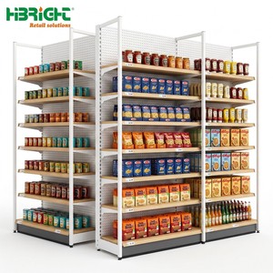 Étagères de présentation pour supermarchés et épiceries, avec panneau arrière perforé Highbright, combinaison acier-bois, type gondole - Product Image 1